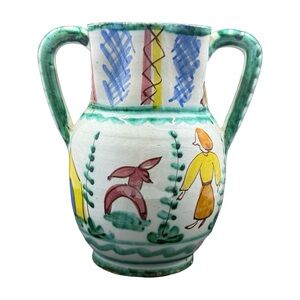 Hand-Painted Folksy Women Animal  Art Ceramic Vase Signed Made in Italy 5878